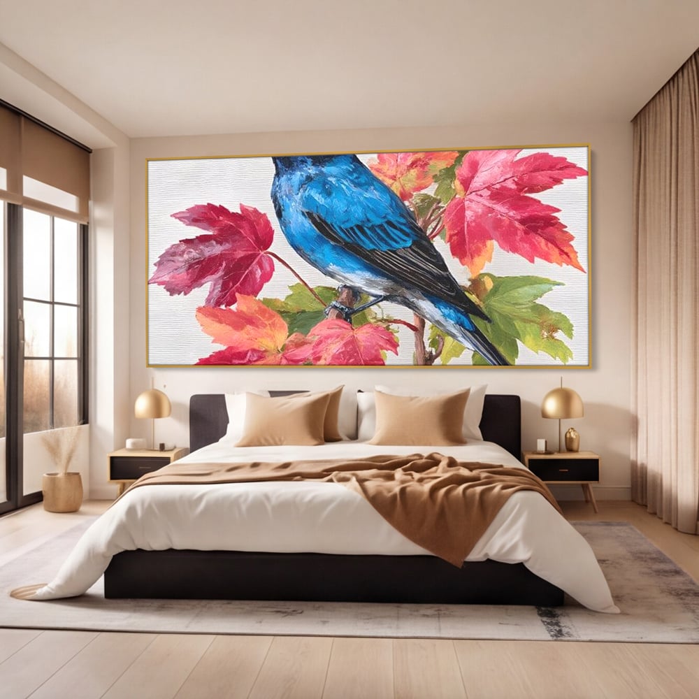Tablou Canvas Premium, LuxCanva® M1106, Compozitie de Toamna, Pasare, Frunze, Toamna, Ramura, Acuarela, Rustic, Pastel, Cobalt, Natura, Birou, Living, Camera Copil