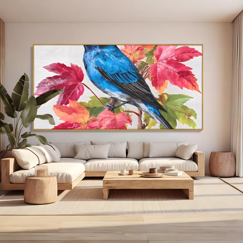 Tablou Canvas Premium, LuxCanva® M1106, Compozitie de Toamna, Pasare, Frunze, Toamna, Ramura, Acuarela, Rustic, Pastel, Cobalt, Natura, Birou, Living, Camera Copil