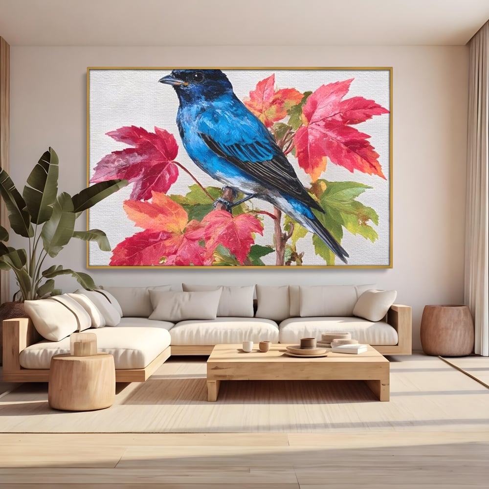 Tablou Canvas Premium, LuxCanva® M1106, Compozitie de Toamna, Pasare, Frunze, Toamna, Ramura, Acuarela, Rustic, Pastel, Cobalt, Natura, Birou, Living, Camera Copil