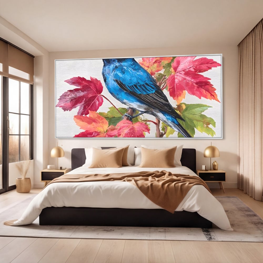 Tablou Canvas Premium, LuxCanva® M1106, Compozitie de Toamna, Pasare, Frunze, Toamna, Ramura, Acuarela, Rustic, Pastel, Cobalt, Natura, Birou, Living, Camera Copil