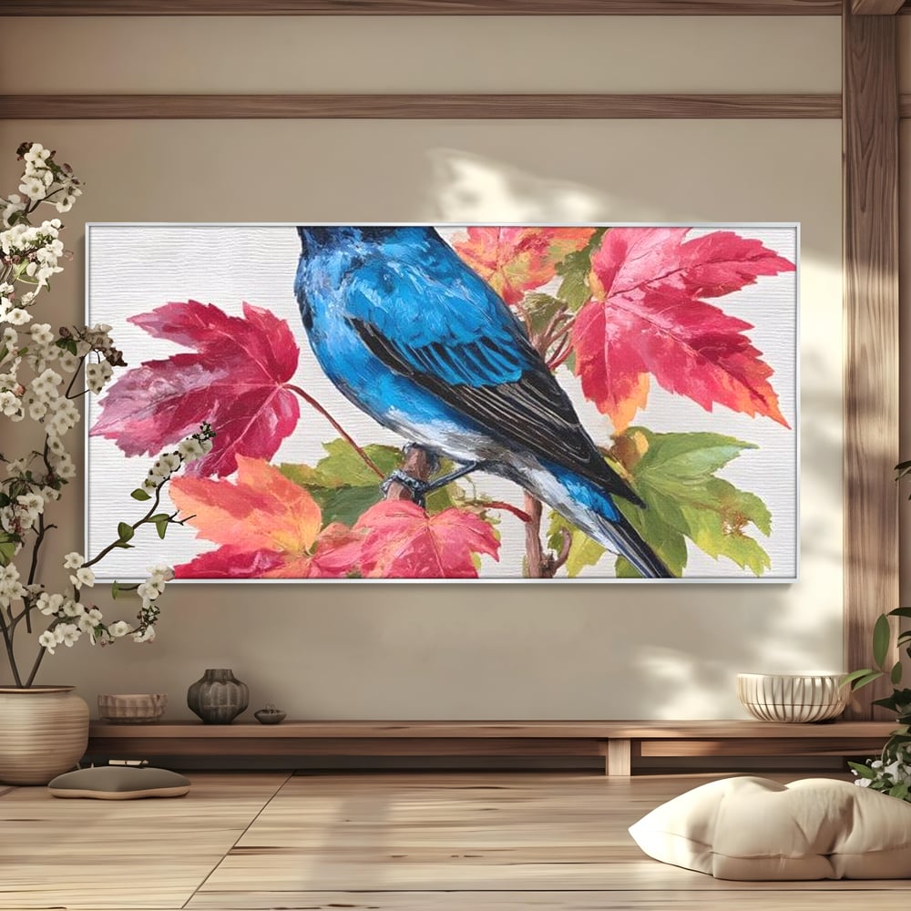 Tablou Canvas Premium, LuxCanva® M1106, Compozitie de Toamna, Pasare, Frunze, Toamna, Ramura, Acuarela, Rustic, Pastel, Cobalt, Natura, Birou, Living, Camera Copil