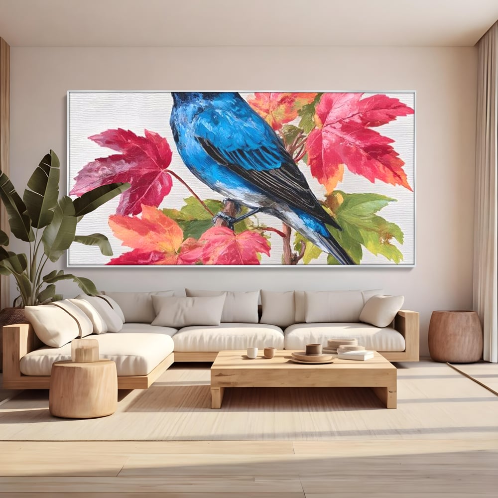 Tablou Canvas Premium, LuxCanva® M1106, Compozitie de Toamna, Pasare, Frunze, Toamna, Ramura, Acuarela, Rustic, Pastel, Cobalt, Natura, Birou, Living, Camera Copil