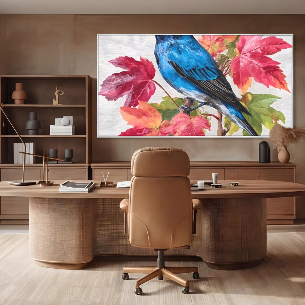 Tablou Canvas Premium, LuxCanva® M1106, Compozitie de Toamna, Pasare, Frunze, Toamna, Ramura, Acuarela, Rustic, Pastel, Cobalt, Natura, Birou, Living, Camera Copil