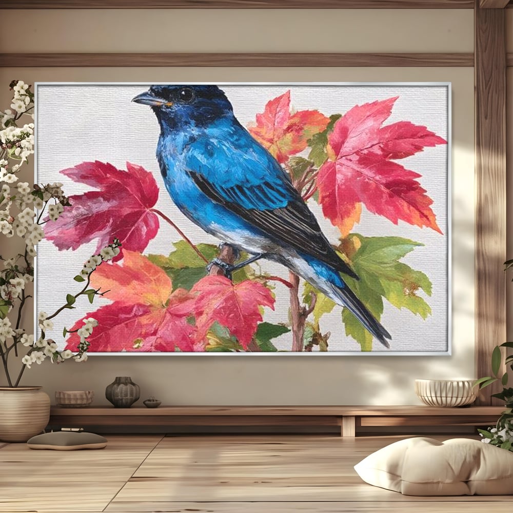 Tablou Canvas Premium, LuxCanva® M1106, Compozitie de Toamna, Pasare, Frunze, Toamna, Ramura, Acuarela, Rustic, Pastel, Cobalt, Natura, Birou, Living, Camera Copil