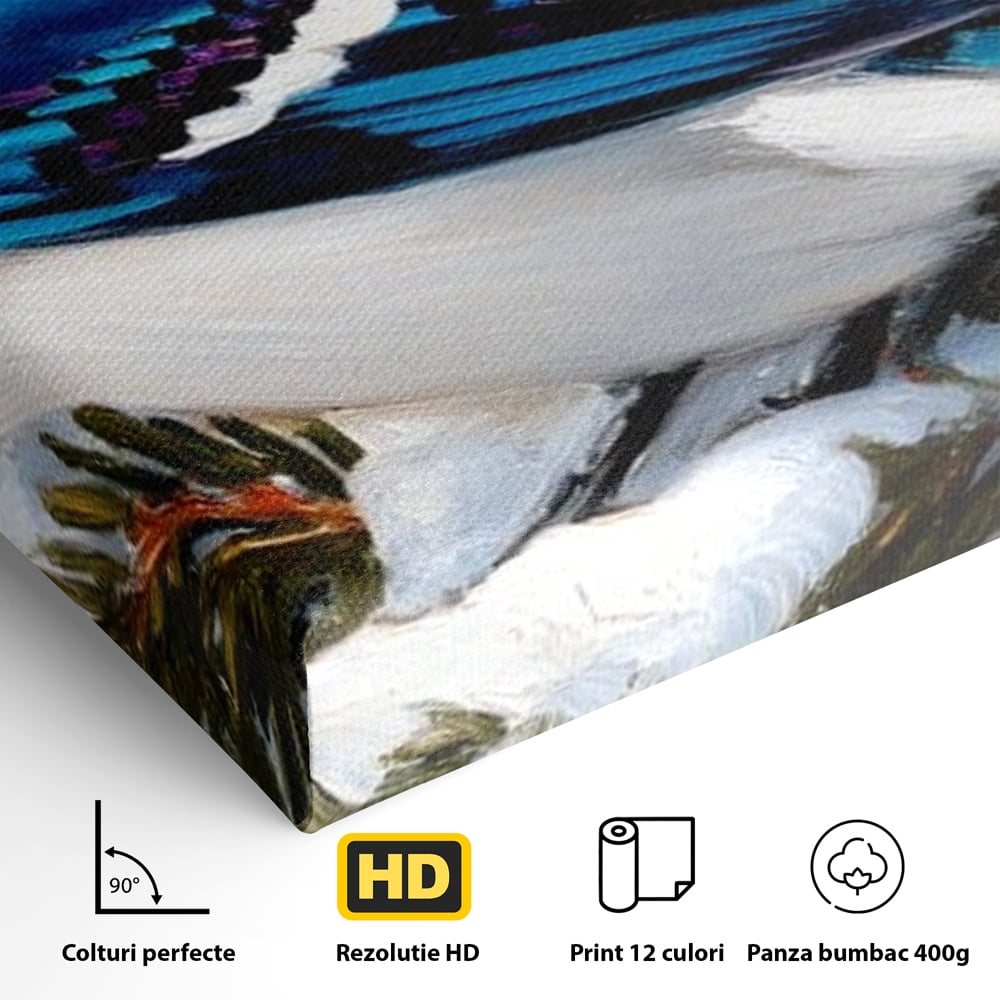 Tablou Canvas Premium, LuxCanva® M1107, Micul Paznic al Bradului, Zapada, Iarna, Brad, Conifer, Rece, Pasare, Penaj, Multicolor, Pictura, Contrast, Birou, Living, Camera Copil