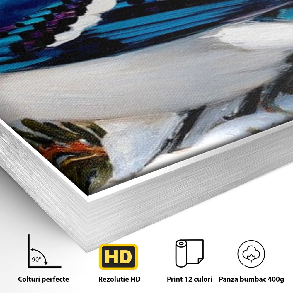 Tablou Canvas Premium, LuxCanva® M1107, Micul Paznic al Bradului, Zapada, Iarna, Brad, Conifer, Rece, Pasare, Penaj, Multicolor, Pictura, Contrast, Birou, Living, Camera Copil