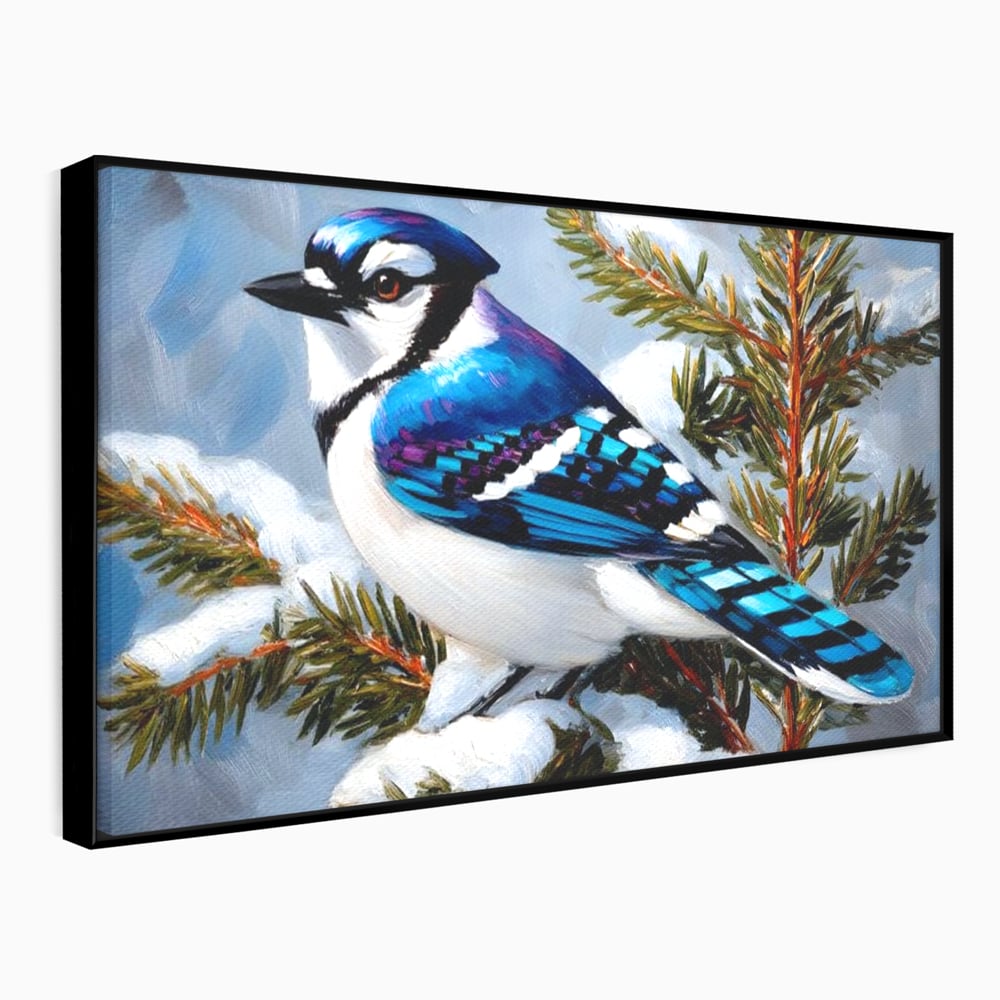 Tablou Canvas Premium, LuxCanva® M1107, Micul Paznic al Bradului, Zapada, Iarna, Brad, Conifer, Rece, Pasare, Penaj, Multicolor, Pictura, Contrast, Birou, Living, Camera Copil
