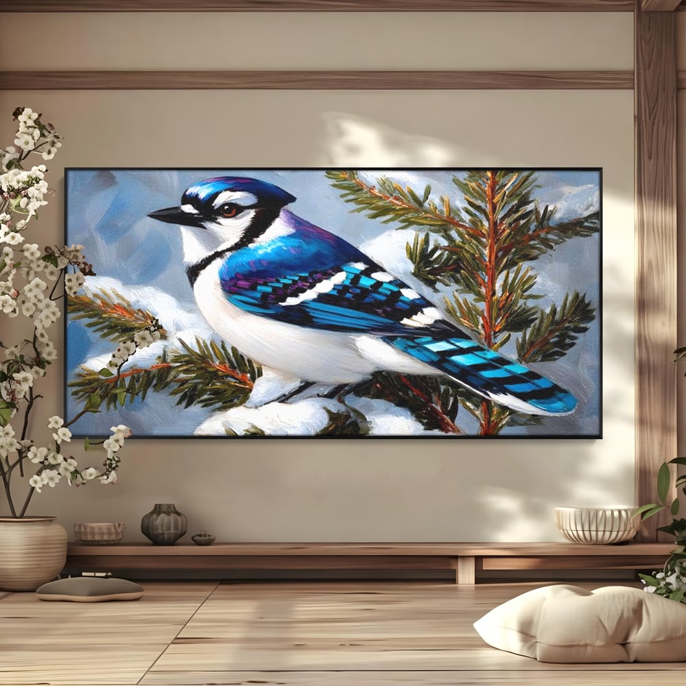 Tablou Canvas Premium, LuxCanva® M1107, Micul Paznic al Bradului, Zapada, Iarna, Brad, Conifer, Rece, Pasare, Penaj, Multicolor, Pictura, Contrast, Birou, Living, Camera Copil