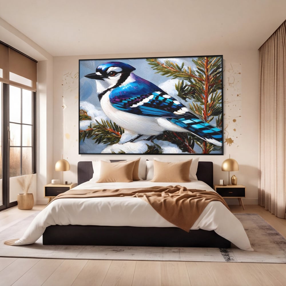 Tablou Canvas Premium, LuxCanva® M1107, Micul Paznic al Bradului, Zapada, Iarna, Brad, Conifer, Rece, Pasare, Penaj, Multicolor, Pictura, Contrast, Birou, Living, Camera Copil