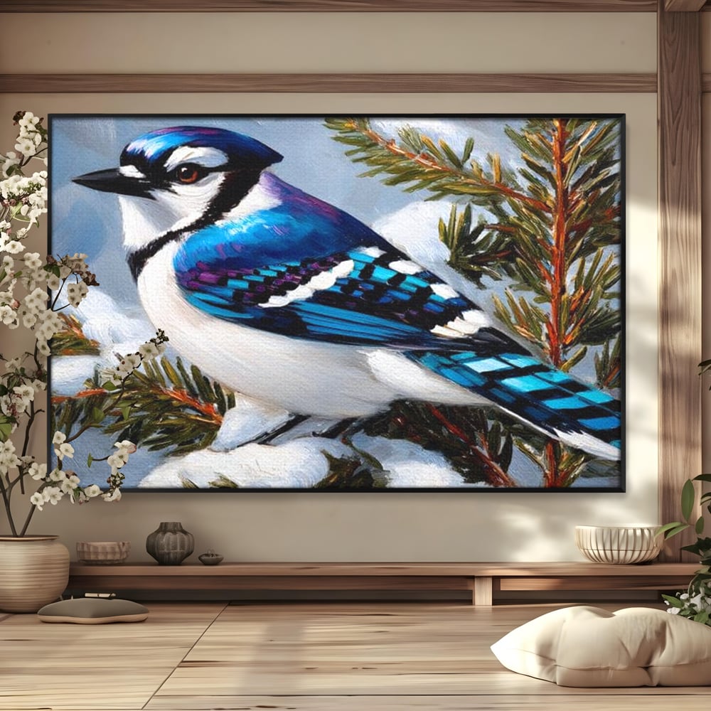 Tablou Canvas Premium, LuxCanva® M1107, Micul Paznic al Bradului, Zapada, Iarna, Brad, Conifer, Rece, Pasare, Penaj, Multicolor, Pictura, Contrast, Birou, Living, Camera Copil