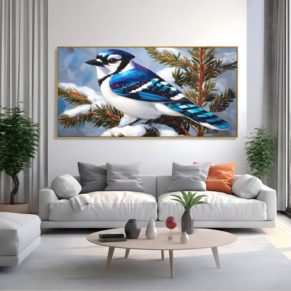 Tablou Canvas Premium, LuxCanva® M1107, Micul Paznic al Bradului, Zapada, Iarna, Brad, Conifer, Rece, Pasare, Penaj, Multicolor, Pictura, Contrast, Birou, Living, Camera Copil