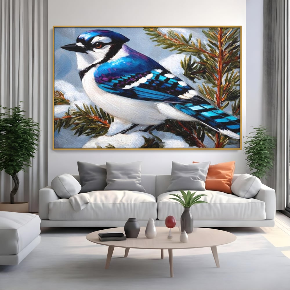 Tablou Canvas Premium, LuxCanva® M1107, Micul Paznic al Bradului, Zapada, Iarna, Brad, Conifer, Rece, Pasare, Penaj, Multicolor, Pictura, Contrast, Birou, Living, Camera Copil