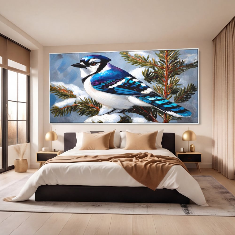 Tablou Canvas Premium, LuxCanva® M1107, Micul Paznic al Bradului, Zapada, Iarna, Brad, Conifer, Rece, Pasare, Penaj, Multicolor, Pictura, Contrast, Birou, Living, Camera Copil