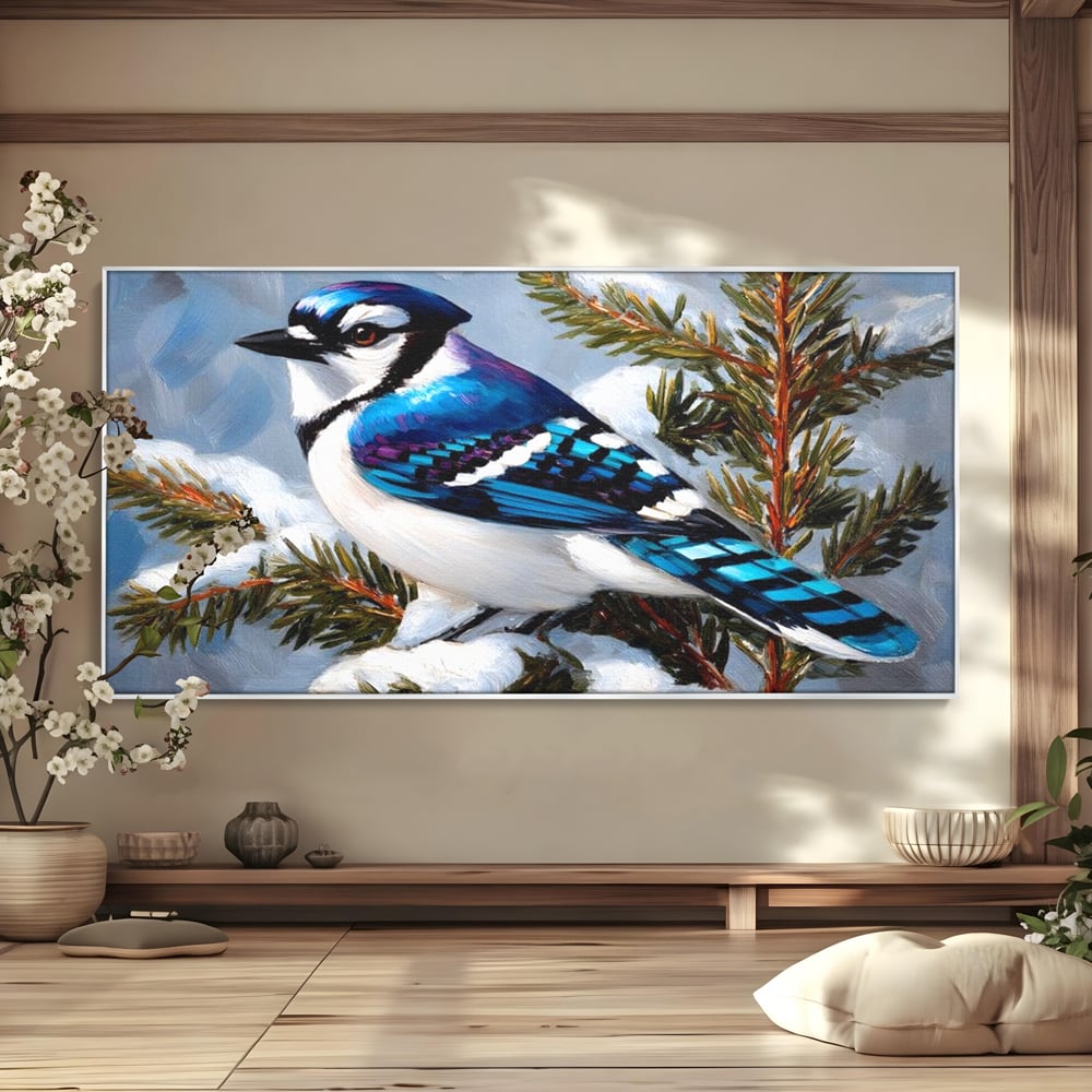 Tablou Canvas Premium, LuxCanva® M1107, Micul Paznic al Bradului, Zapada, Iarna, Brad, Conifer, Rece, Pasare, Penaj, Multicolor, Pictura, Contrast, Birou, Living, Camera Copil