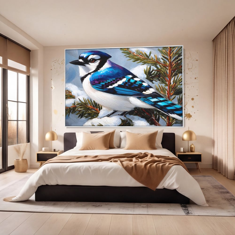 Tablou Canvas Premium, LuxCanva® M1107, Micul Paznic al Bradului, Zapada, Iarna, Brad, Conifer, Rece, Pasare, Penaj, Multicolor, Pictura, Contrast, Birou, Living, Camera Copil