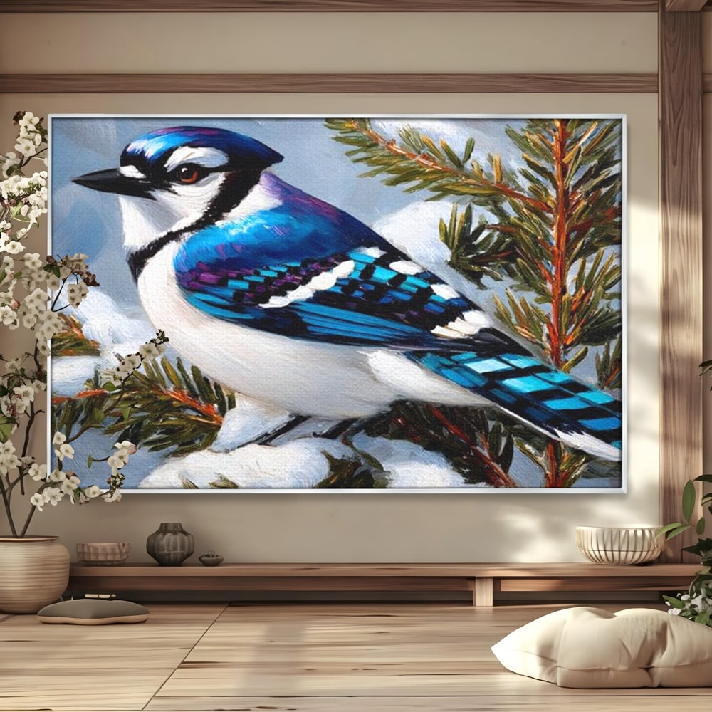 Tablou Canvas Premium, LuxCanva® M1107, Micul Paznic al Bradului, Zapada, Iarna, Brad, Conifer, Rece, Pasare, Penaj, Multicolor, Pictura, Contrast, Birou, Living, Camera Copil