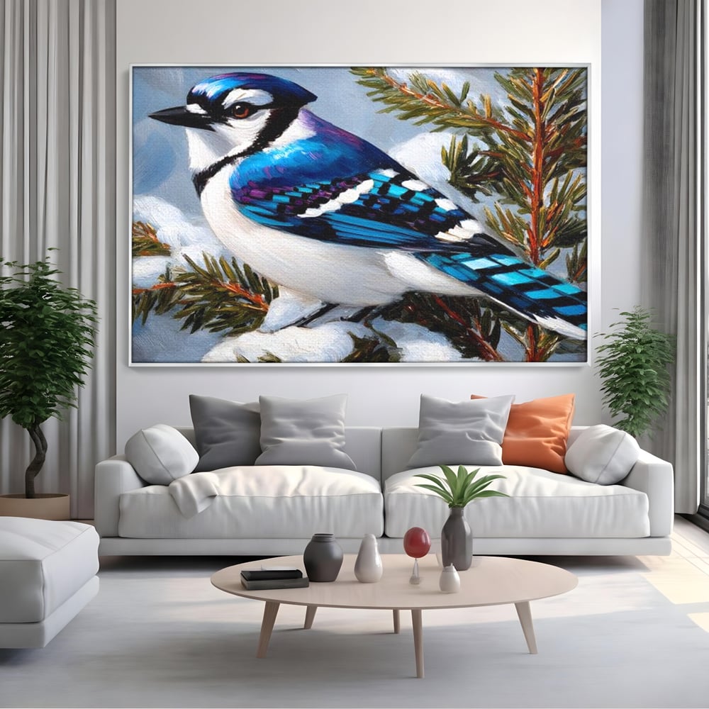 Tablou Canvas Premium, LuxCanva® M1107, Micul Paznic al Bradului, Zapada, Iarna, Brad, Conifer, Rece, Pasare, Penaj, Multicolor, Pictura, Contrast, Birou, Living, Camera Copil
