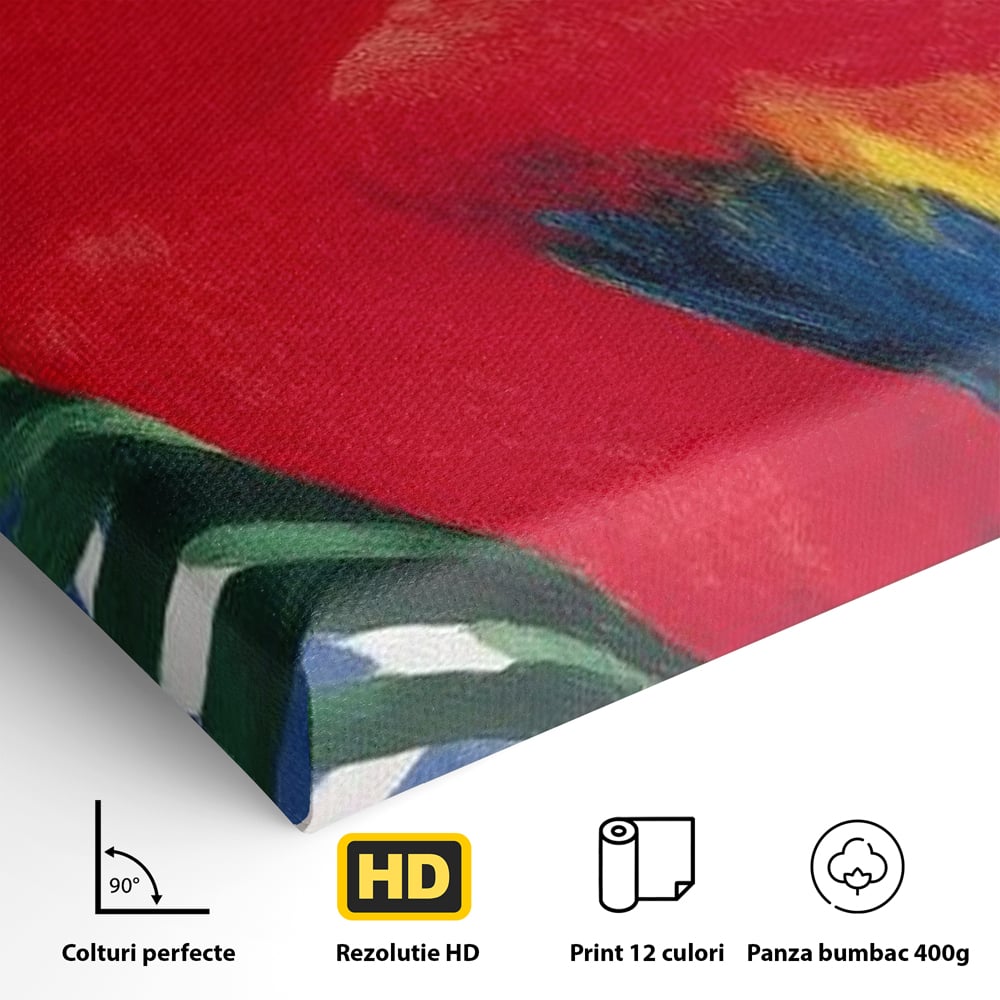 Tablou Canvas Premium, LuxCanva® M1108, Fereastra spre Jungla, Papagal, Jungla, Exotic, Pasare, Frunzis, Perete, Cadru, Rosu, Vegetatie, Expresiv, Birou, Living, Camera Copil