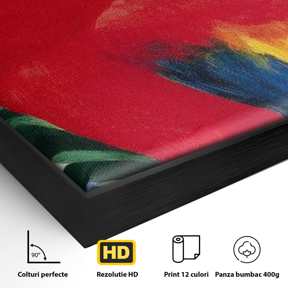Tablou Canvas Premium, LuxCanva® M1108, Fereastra spre Jungla, Papagal, Jungla, Exotic, Pasare, Frunzis, Perete, Cadru, Rosu, Vegetatie, Expresiv, Birou, Living, Camera Copil