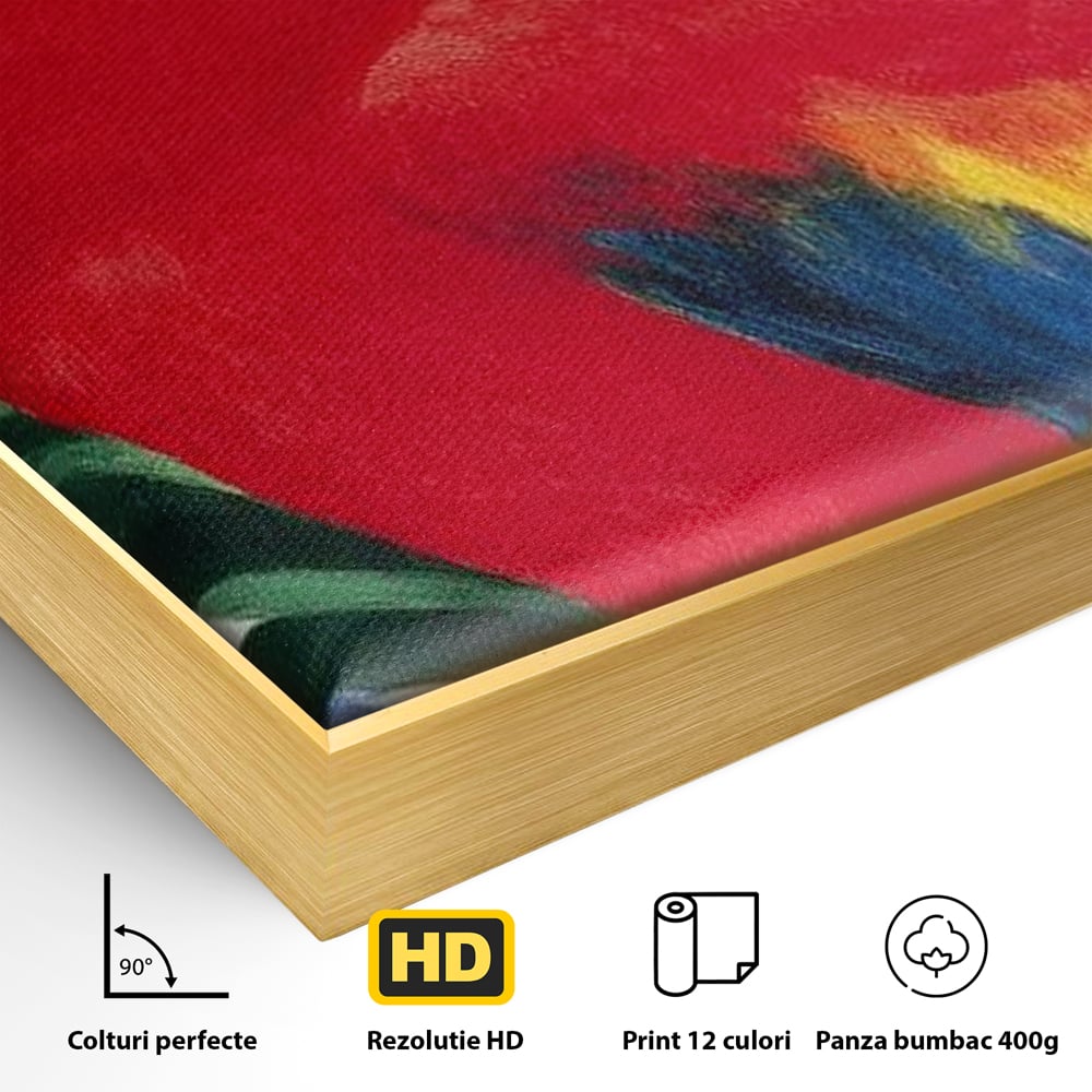Tablou Canvas Premium, LuxCanva® M1108, Fereastra spre Jungla, Papagal, Jungla, Exotic, Pasare, Frunzis, Perete, Cadru, Rosu, Vegetatie, Expresiv, Birou, Living, Camera Copil
