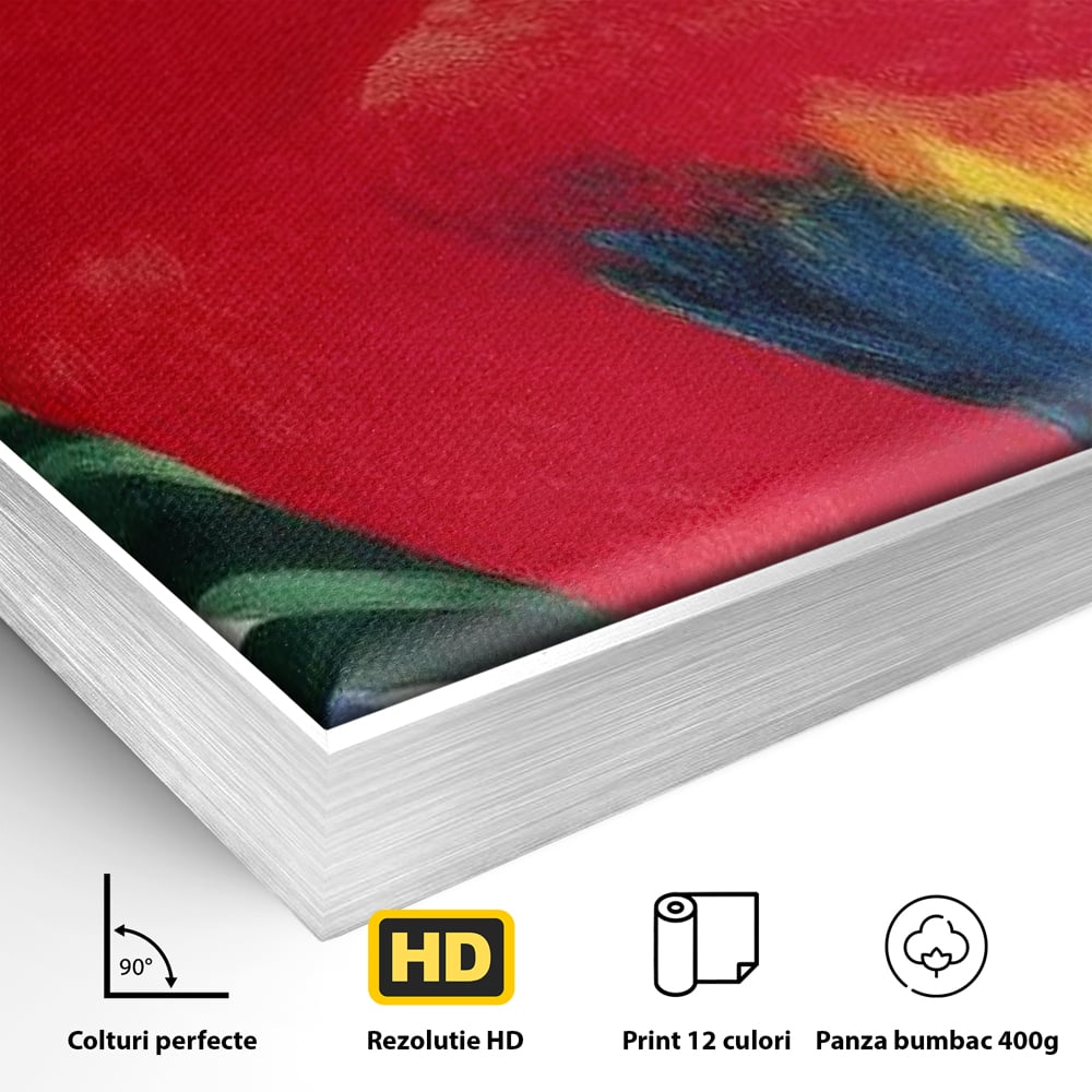 Tablou Canvas Premium, LuxCanva® M1108, Fereastra spre Jungla, Papagal, Jungla, Exotic, Pasare, Frunzis, Perete, Cadru, Rosu, Vegetatie, Expresiv, Birou, Living, Camera Copil