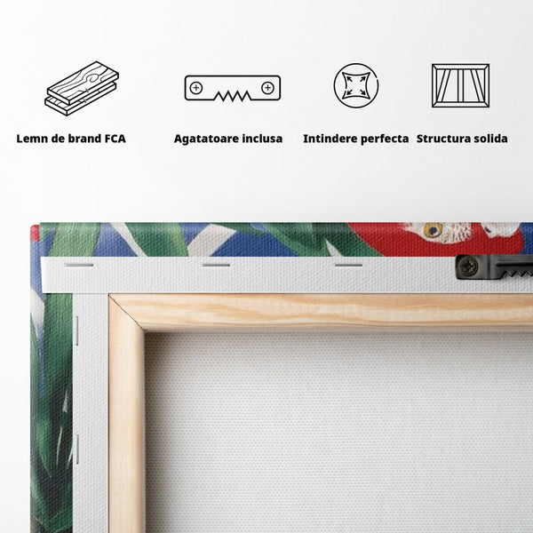 Tablou Canvas Premium, LuxCanva® M1108, Fereastra spre Jungla, Papagal, Jungla, Exotic, Pasare, Frunzis, Perete, Cadru, Rosu, Vegetatie, Expresiv, Birou, Living, Camera Copil