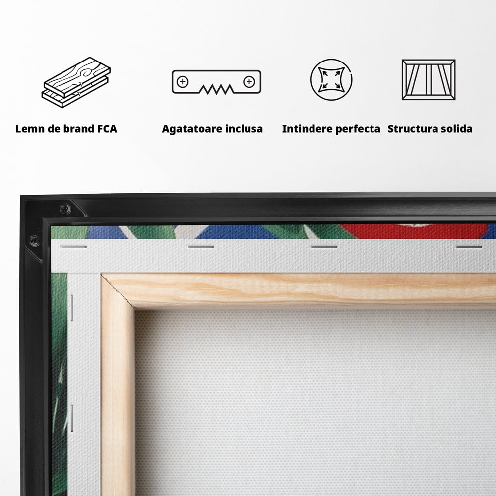 Tablou Canvas Premium, LuxCanva® M1108, Fereastra spre Jungla, Papagal, Jungla, Exotic, Pasare, Frunzis, Perete, Cadru, Rosu, Vegetatie, Expresiv, Birou, Living, Camera Copil