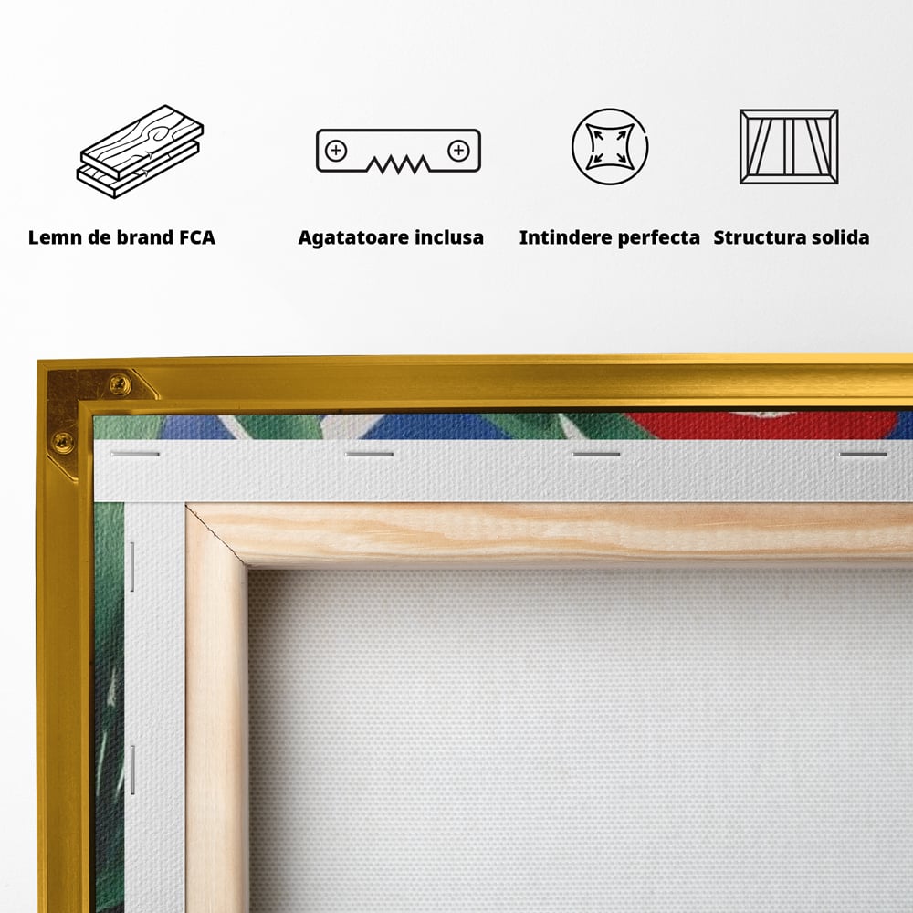 Tablou Canvas Premium, LuxCanva® M1108, Fereastra spre Jungla, Papagal, Jungla, Exotic, Pasare, Frunzis, Perete, Cadru, Rosu, Vegetatie, Expresiv, Birou, Living, Camera Copil