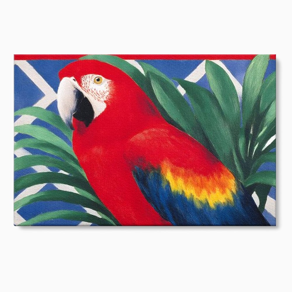 Tablou Canvas Premium, LuxCanva® M1108, Fereastra spre Jungla, Papagal, Jungla, Exotic, Pasare, Frunzis, Perete, Cadru, Rosu, Vegetatie, Expresiv, Birou, Living, Camera Copil