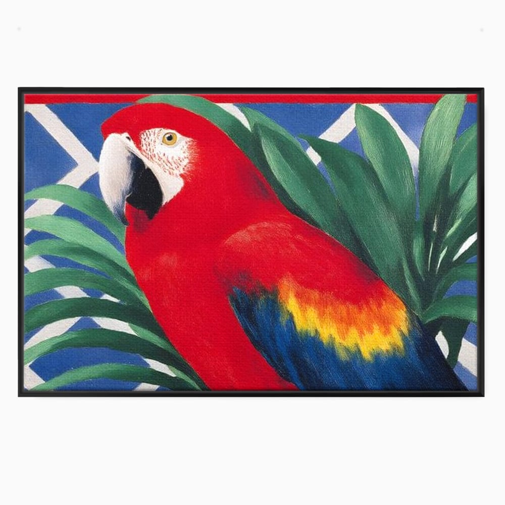 Tablou Canvas Premium, LuxCanva® M1108, Fereastra spre Jungla, Papagal, Jungla, Exotic, Pasare, Frunzis, Perete, Cadru, Rosu, Vegetatie, Expresiv, Birou, Living, Camera Copil
