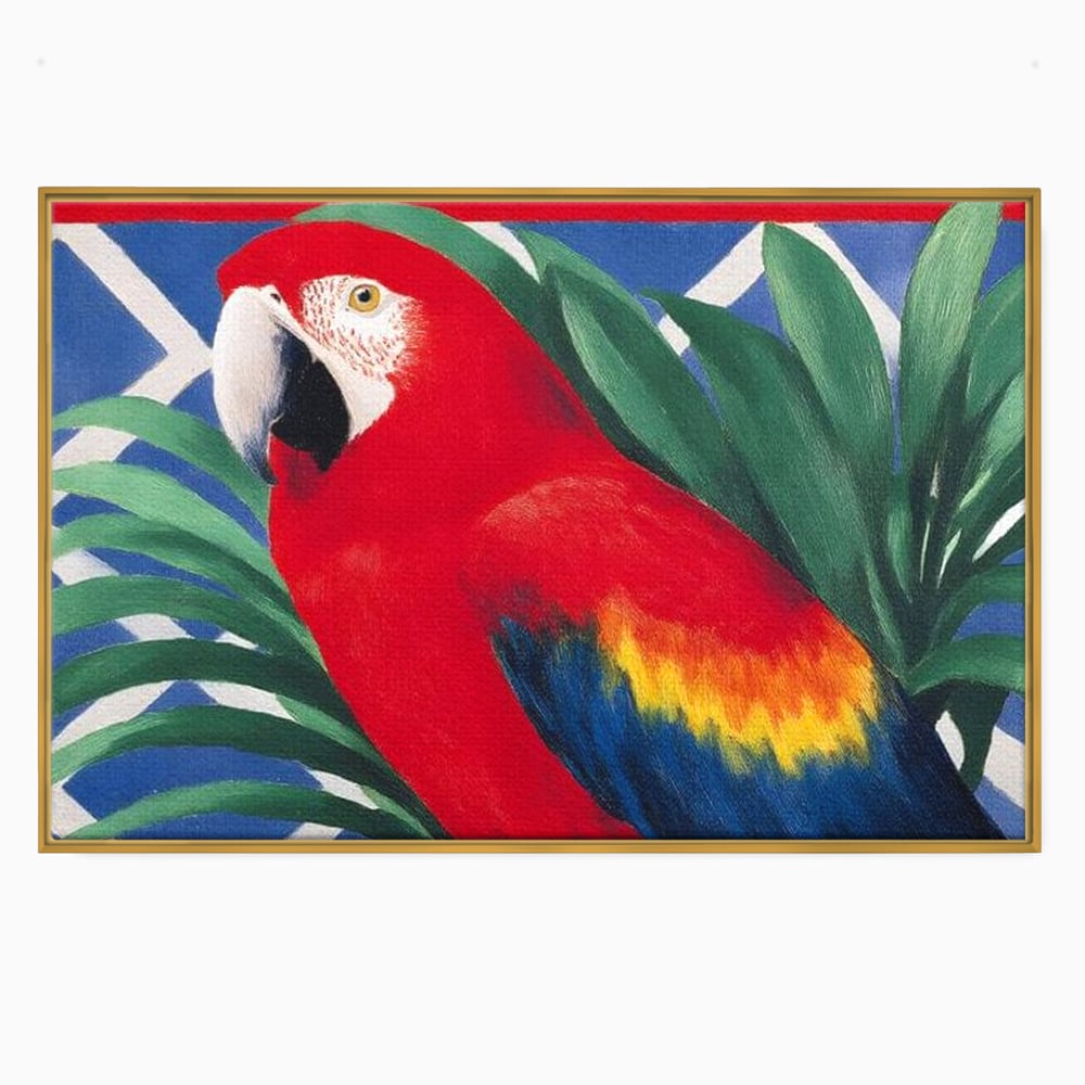 Tablou Canvas Premium, LuxCanva® M1108, Fereastra spre Jungla, Papagal, Jungla, Exotic, Pasare, Frunzis, Perete, Cadru, Rosu, Vegetatie, Expresiv, Birou, Living, Camera Copil