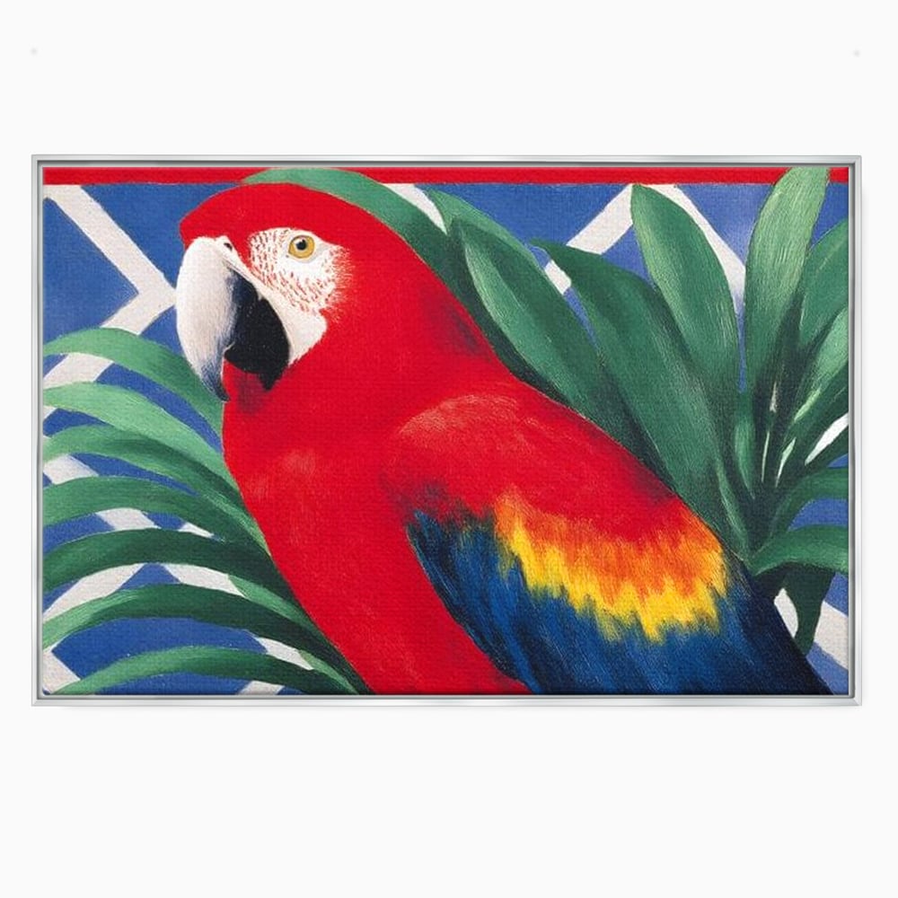 Tablou Canvas Premium, LuxCanva® M1108, Fereastra spre Jungla, Papagal, Jungla, Exotic, Pasare, Frunzis, Perete, Cadru, Rosu, Vegetatie, Expresiv, Birou, Living, Camera Copil