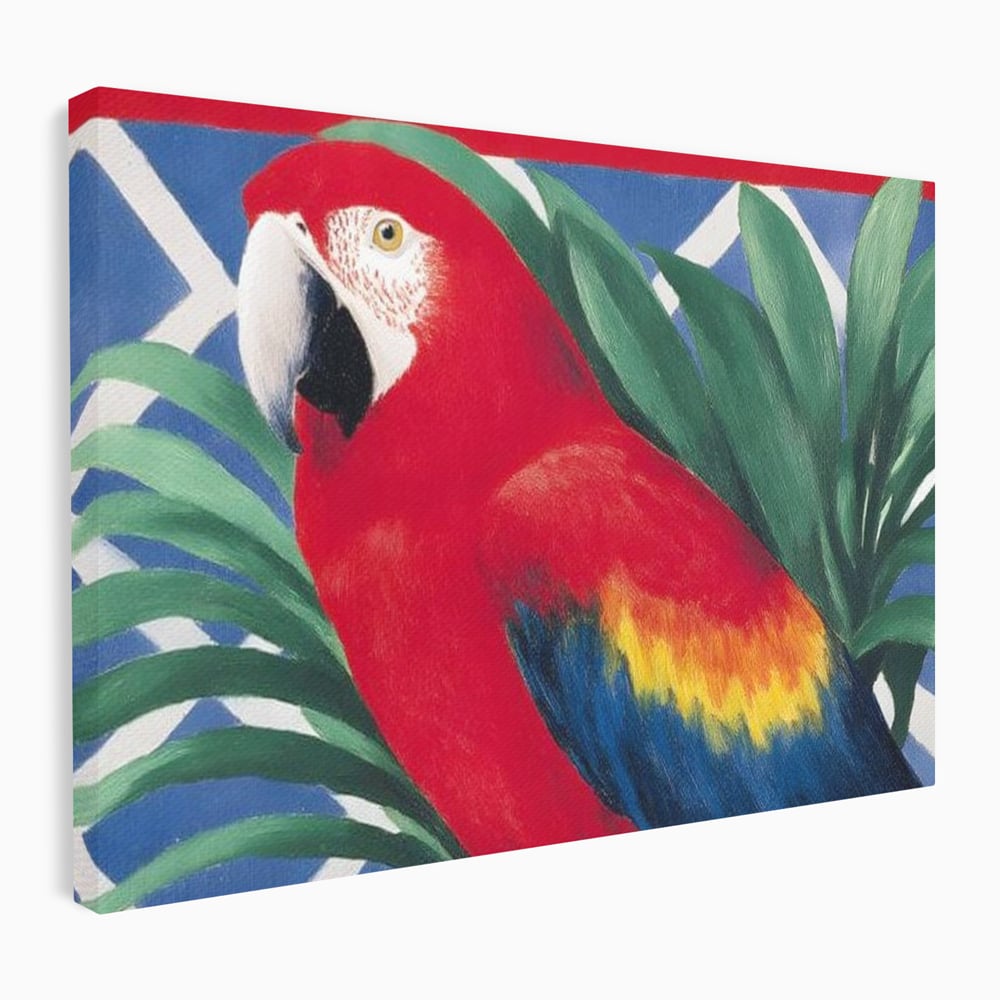 Tablou Canvas Premium, LuxCanva® M1108, Fereastra spre Jungla, Papagal, Jungla, Exotic, Pasare, Frunzis, Perete, Cadru, Rosu, Vegetatie, Expresiv, Birou, Living, Camera Copil