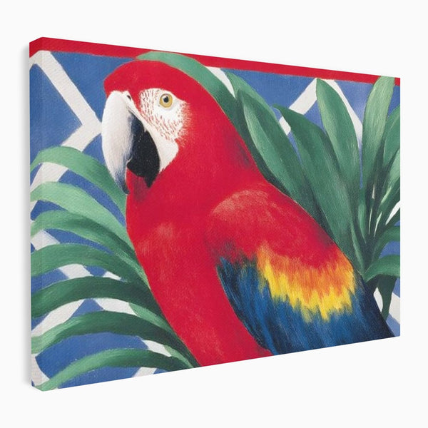 Tablou Canvas Premium, LuxCanva® M1108, Fereastra spre Jungla, Papagal, Jungla, Exotic, Pasare, Frunzis, Perete, Cadru, Rosu, Vegetatie, Expresiv, Birou, Living, Camera Copil
