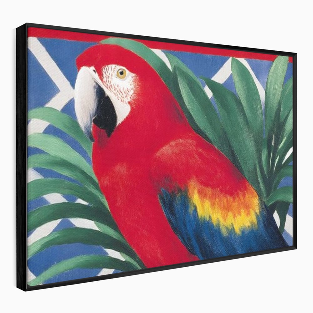 Tablou Canvas Premium, LuxCanva® M1108, Fereastra spre Jungla, Papagal, Jungla, Exotic, Pasare, Frunzis, Perete, Cadru, Rosu, Vegetatie, Expresiv, Birou, Living, Camera Copil