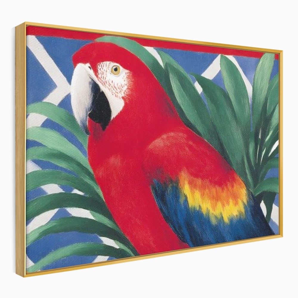 Tablou Canvas Premium, LuxCanva® M1108, Fereastra spre Jungla, Papagal, Jungla, Exotic, Pasare, Frunzis, Perete, Cadru, Rosu, Vegetatie, Expresiv, Birou, Living, Camera Copil