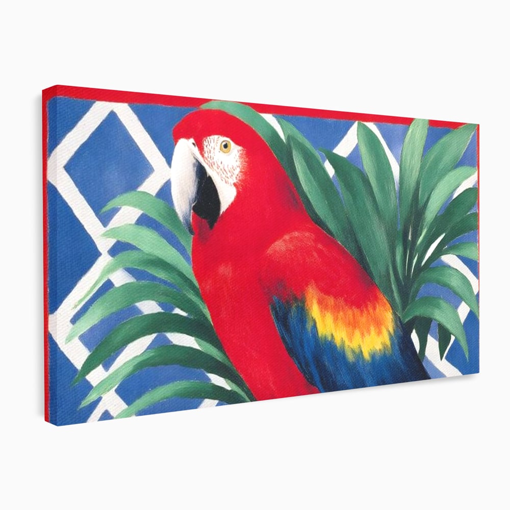 Tablou Canvas Premium, LuxCanva® M1108, Fereastra spre Jungla, Papagal, Jungla, Exotic, Pasare, Frunzis, Perete, Cadru, Rosu, Vegetatie, Expresiv, Birou, Living, Camera Copil