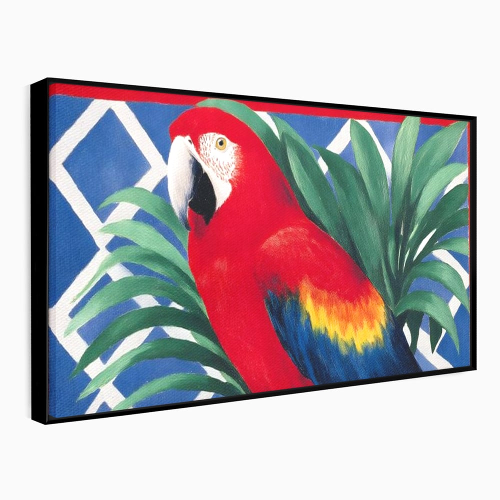 Tablou Canvas Premium, LuxCanva® M1108, Fereastra spre Jungla, Papagal, Jungla, Exotic, Pasare, Frunzis, Perete, Cadru, Rosu, Vegetatie, Expresiv, Birou, Living, Camera Copil