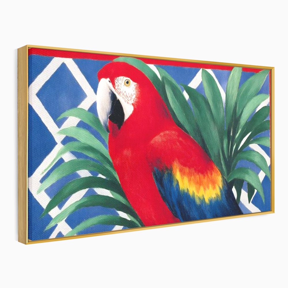 Tablou Canvas Premium, LuxCanva® M1108, Fereastra spre Jungla, Papagal, Jungla, Exotic, Pasare, Frunzis, Perete, Cadru, Rosu, Vegetatie, Expresiv, Birou, Living, Camera Copil