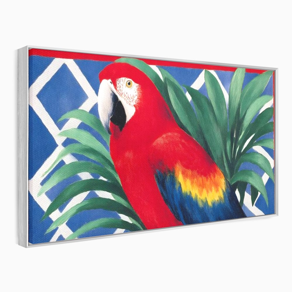 Tablou Canvas Premium, LuxCanva® M1108, Fereastra spre Jungla, Papagal, Jungla, Exotic, Pasare, Frunzis, Perete, Cadru, Rosu, Vegetatie, Expresiv, Birou, Living, Camera Copil