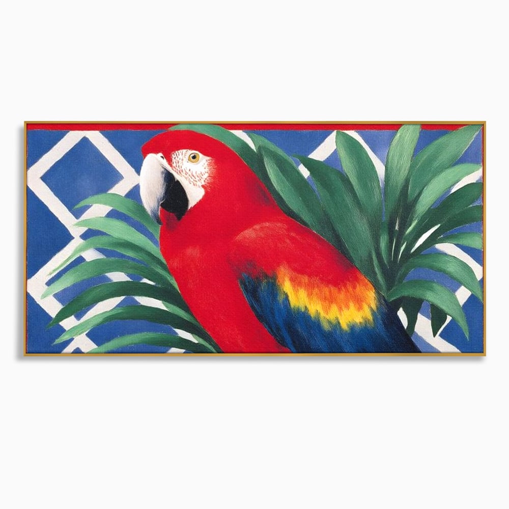 Tablou Canvas Premium, LuxCanva® M1108, Fereastra spre Jungla, Papagal, Jungla, Exotic, Pasare, Frunzis, Perete, Cadru, Rosu, Vegetatie, Expresiv, Birou, Living, Camera Copil