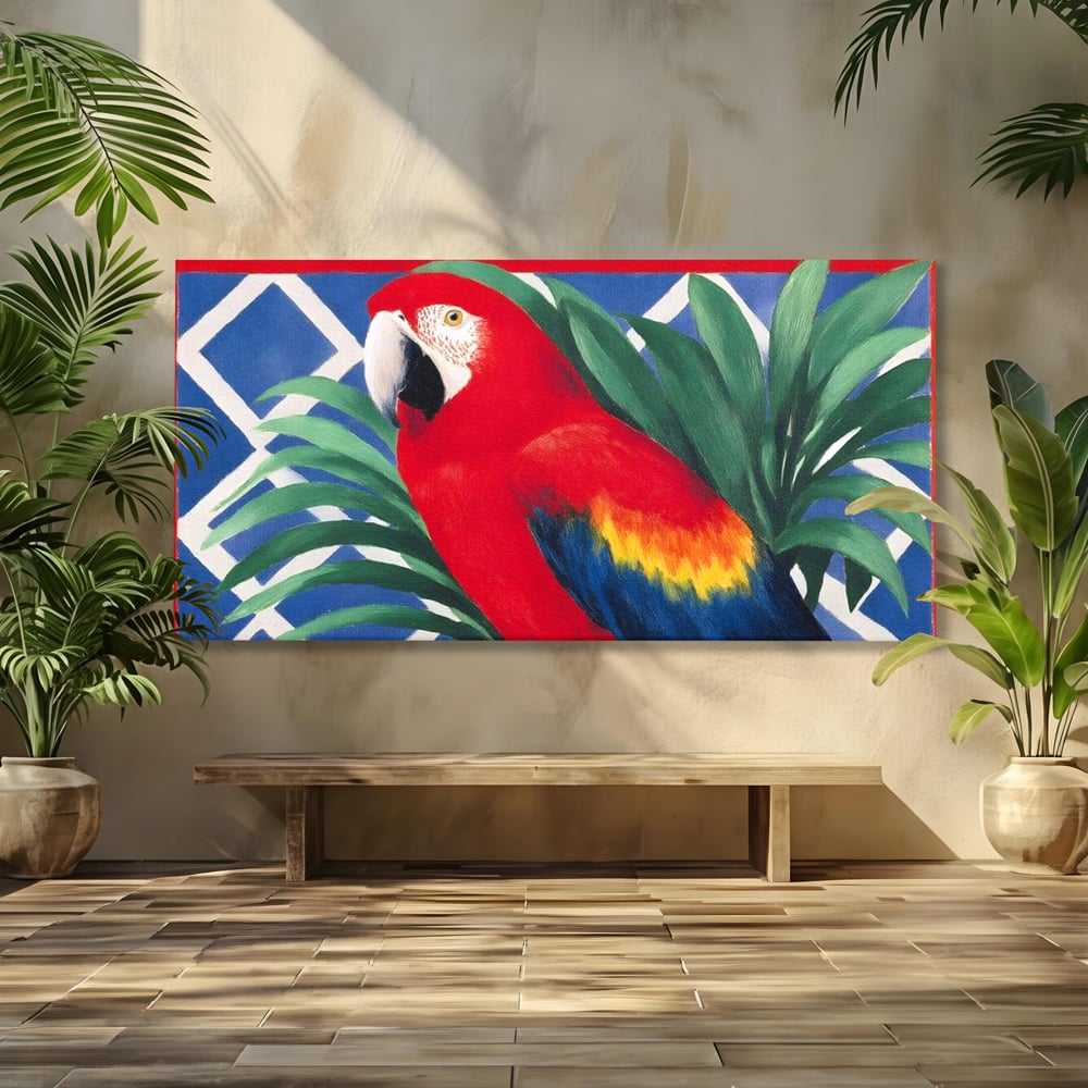 Tablou Canvas Premium, LuxCanva® M1108, Fereastra spre Jungla, Papagal, Jungla, Exotic, Pasare, Frunzis, Perete, Cadru, Rosu, Vegetatie, Expresiv, Birou, Living, Camera Copil