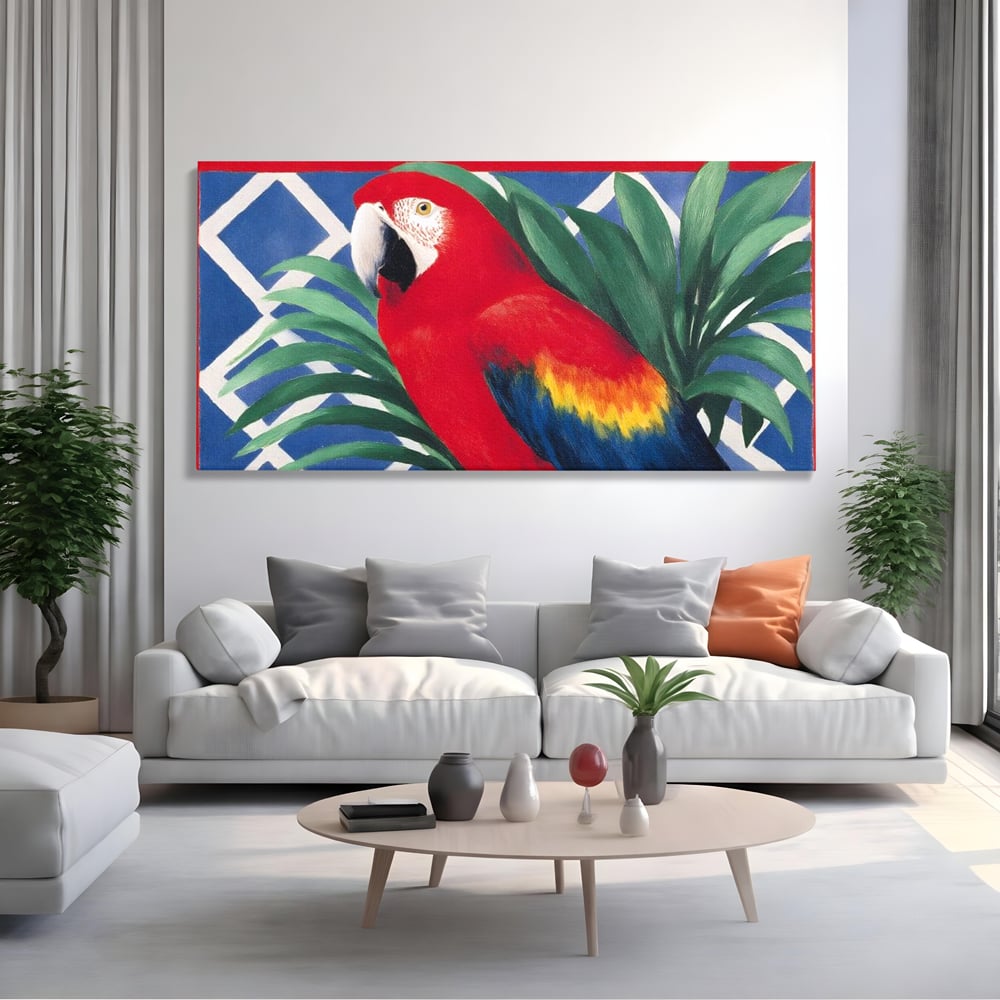 Tablou Canvas Premium, LuxCanva® M1108, Fereastra spre Jungla, Papagal, Jungla, Exotic, Pasare, Frunzis, Perete, Cadru, Rosu, Vegetatie, Expresiv, Birou, Living, Camera Copil