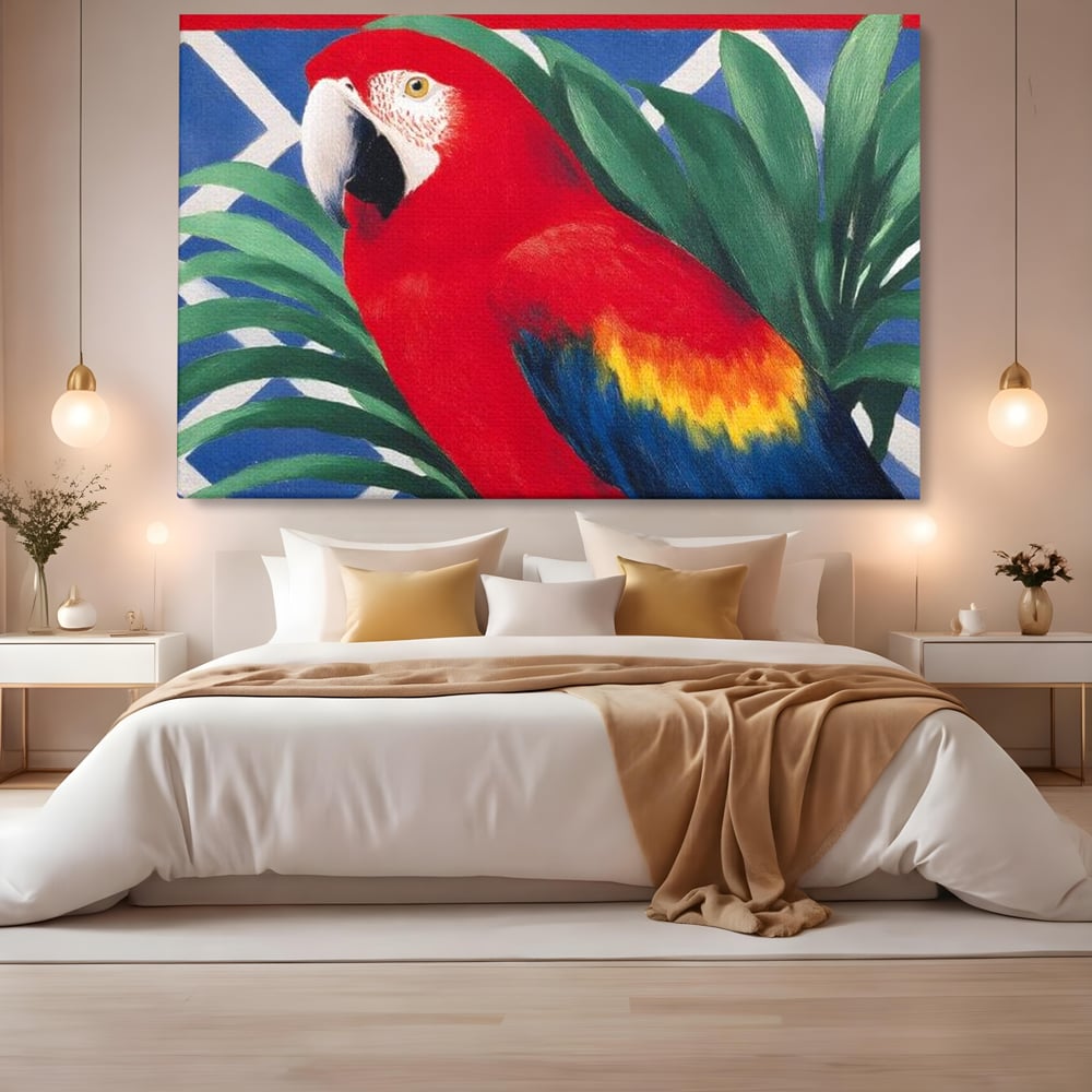 Tablou Canvas Premium, LuxCanva® M1108, Fereastra spre Jungla, Papagal, Jungla, Exotic, Pasare, Frunzis, Perete, Cadru, Rosu, Vegetatie, Expresiv, Birou, Living, Camera Copil
