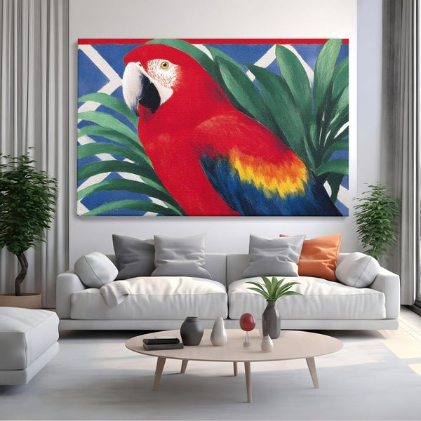 Tablou Canvas Premium, LuxCanva® M1108, Fereastra spre Jungla, Papagal, Jungla, Exotic, Pasare, Frunzis, Perete, Cadru, Rosu, Vegetatie, Expresiv, Birou, Living, Camera Copil