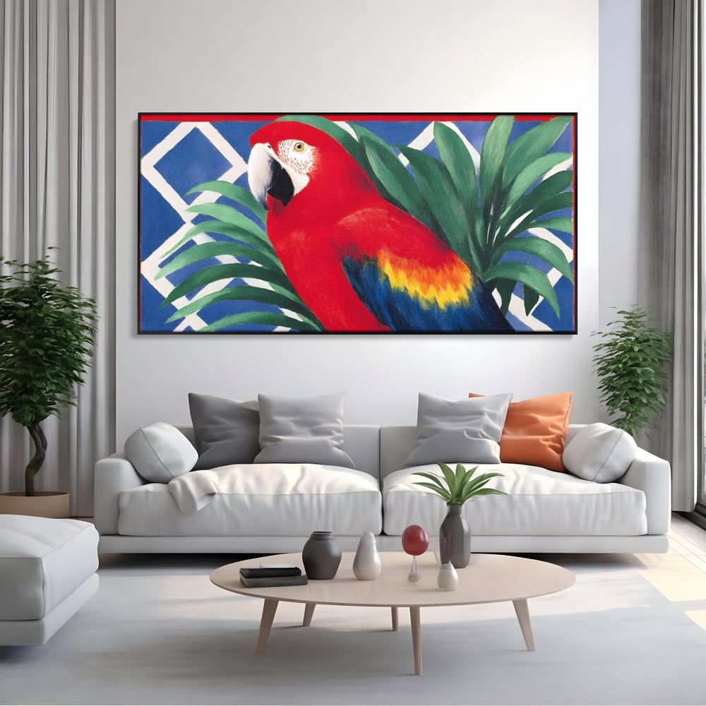 Tablou Canvas Premium, LuxCanva® M1108, Fereastra spre Jungla, Papagal, Jungla, Exotic, Pasare, Frunzis, Perete, Cadru, Rosu, Vegetatie, Expresiv, Birou, Living, Camera Copil
