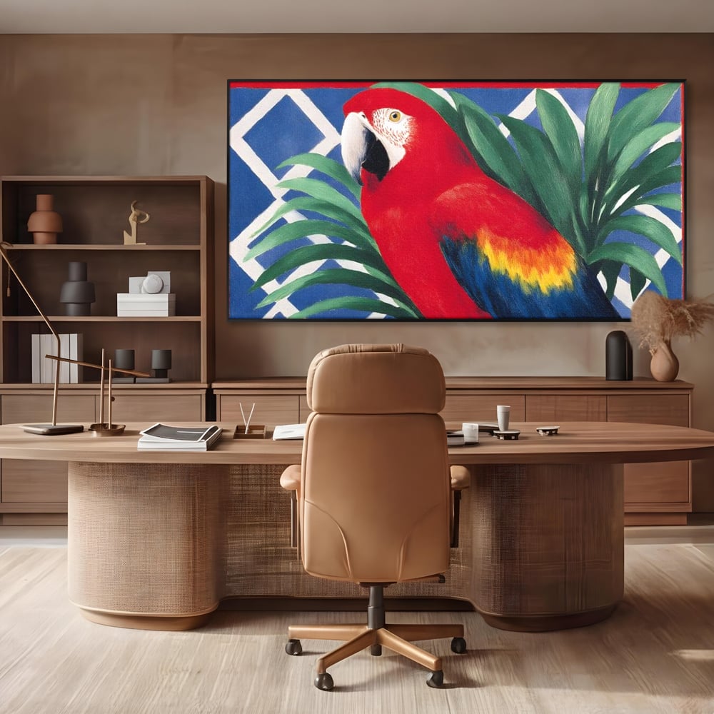Tablou Canvas Premium, LuxCanva® M1108, Fereastra spre Jungla, Papagal, Jungla, Exotic, Pasare, Frunzis, Perete, Cadru, Rosu, Vegetatie, Expresiv, Birou, Living, Camera Copil