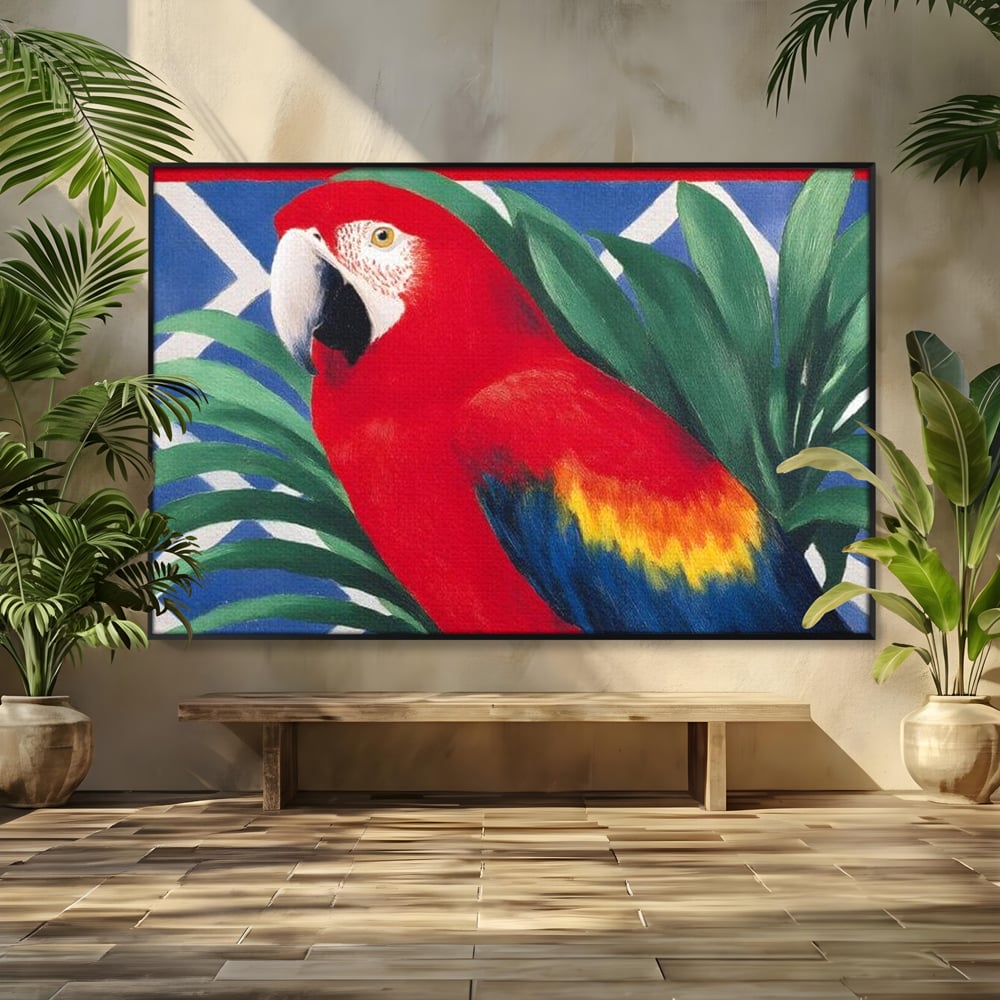 Tablou Canvas Premium, LuxCanva® M1108, Fereastra spre Jungla, Papagal, Jungla, Exotic, Pasare, Frunzis, Perete, Cadru, Rosu, Vegetatie, Expresiv, Birou, Living, Camera Copil