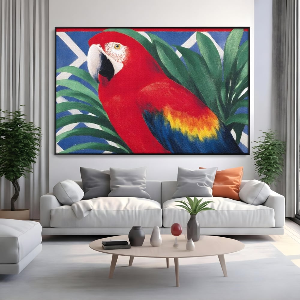 Tablou Canvas Premium, LuxCanva® M1108, Fereastra spre Jungla, Papagal, Jungla, Exotic, Pasare, Frunzis, Perete, Cadru, Rosu, Vegetatie, Expresiv, Birou, Living, Camera Copil