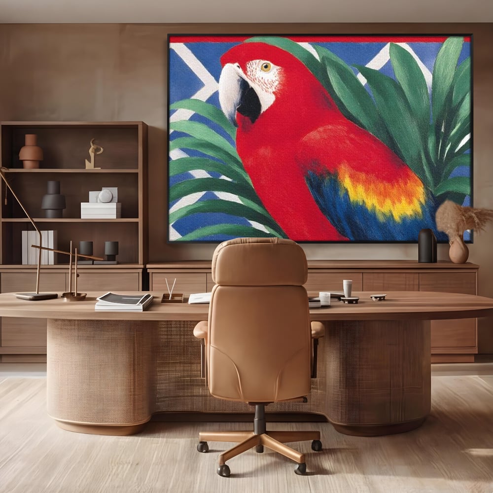 Tablou Canvas Premium, LuxCanva® M1108, Fereastra spre Jungla, Papagal, Jungla, Exotic, Pasare, Frunzis, Perete, Cadru, Rosu, Vegetatie, Expresiv, Birou, Living, Camera Copil